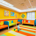 **Prompt:** A brightly colored children's psychiatric clinic waiting area with playful patterns and motifs, using yellow and orange tones. The atmosphere should be friendly and inviting, but not overstimulating. Focus on creating a safe and welcoming space for children.