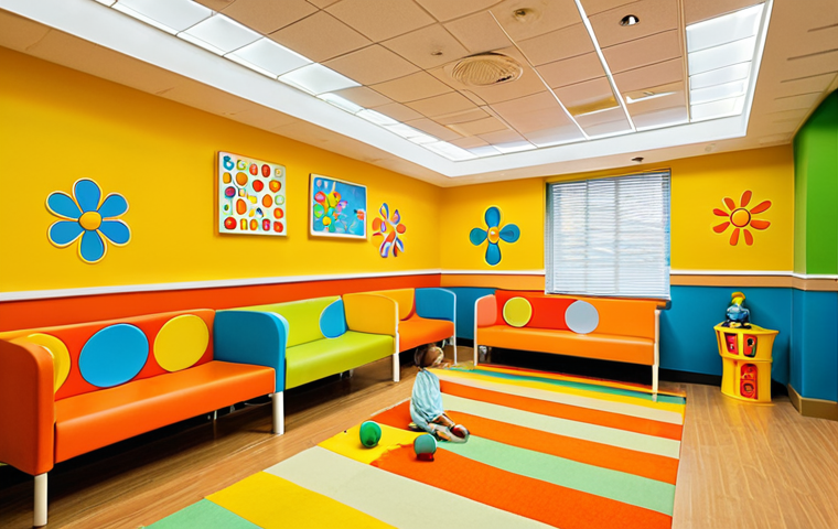 **Prompt:** A brightly colored children's psychiatric clinic waiting area with playful patterns and motifs, using yellow and orange tones. The atmosphere should be friendly and inviting, but not overstimulating. Focus on creating a safe and welcoming space for children.