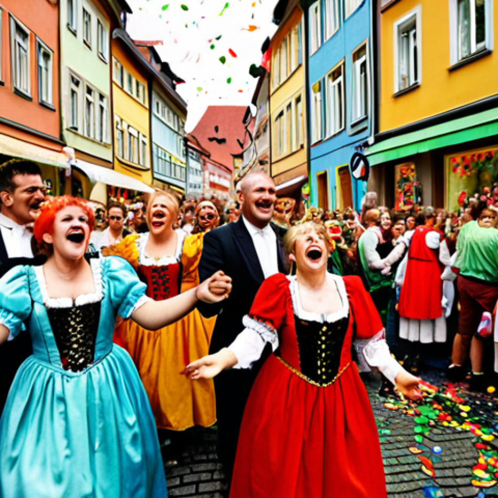 **A vibrant German Karneval scene. A crowded street filled with people in colorful costumes (red, yellow, green dominant), confetti in the air, traditional German buildings in the background.  Capture the feeling of exuberance and joy.**