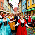**A vibrant German Karneval scene. A crowded street filled with people in colorful costumes (red, yellow, green dominant), confetti in the air, traditional German buildings in the background.  Capture the feeling of exuberance and joy.**