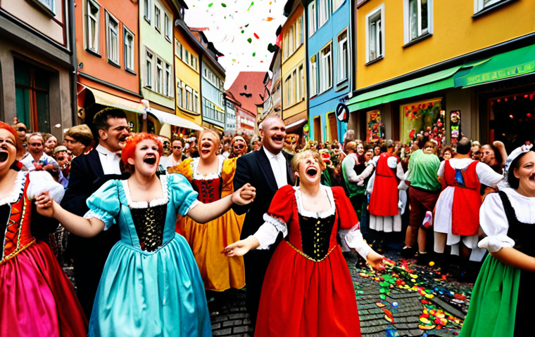 **A vibrant German Karneval scene. A crowded street filled with people in colorful costumes (red, yellow, green dominant), confetti in the air, traditional German buildings in the background. Capture the feeling of exuberance and joy.**