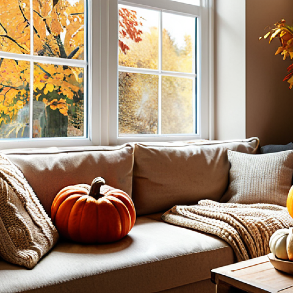 **

"A cozy living room interior during autumn, featuring warm, earthy tones like browns, beiges, and reds. A comfortable sofa is adorned with plush cushions and a knitted blanket. Sunlight streams through a window, illuminating wooden furniture and autumnal decorations such as pumpkins and foliage. The walls are painted in a neutral color, with a tasteful piece of art adding a pop of color.  Safe for work, appropriate content, fully clothed, family-friendly, professional photography, perfect anatomy, natural proportions, well-lit, high quality."

**