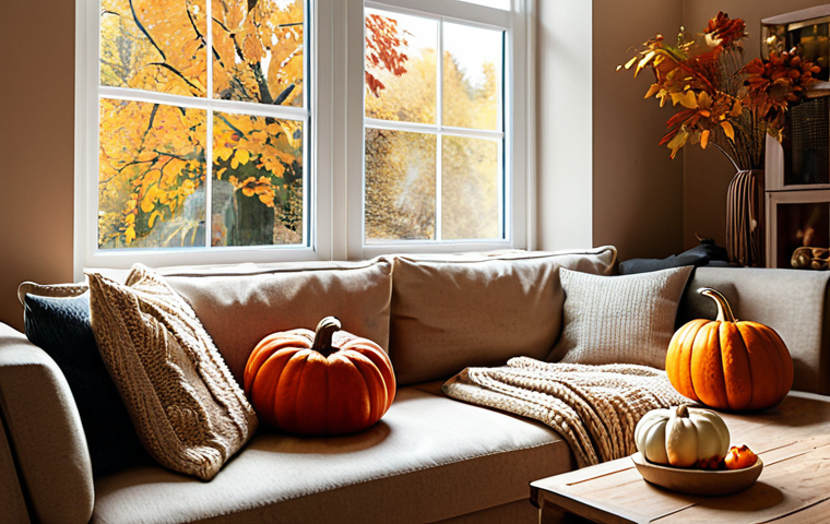 **
"A cozy living room interior during autumn, featuring warm, earthy tones like browns, beiges, and reds. A comfortable sofa is adorned with plush cushions and a knitted blanket. Sunlight streams through a window, illuminating wooden furniture and autumnal decorations such as pumpkins and foliage. The walls are painted in a neutral color, with a tasteful piece of art adding a pop of color. Safe for work, appropriate content, fully clothed, family-friendly, professional photography, perfect anatomy, natural proportions, well-lit, high quality."
**
