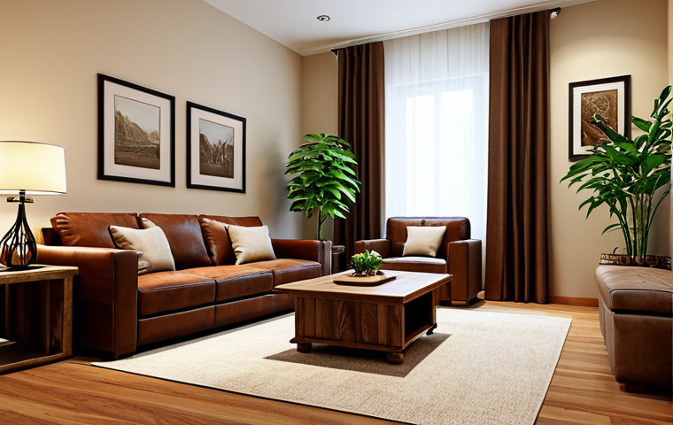 심리적 편안함을 주는 색상 조합 - Earthy Tones Living Room**

"A cozy living room with beige walls and brown leather furniture, fully ...