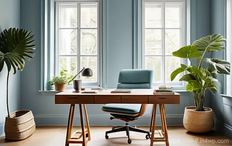 홈 오피스 색상 선택 시 고려 사항 - **Prompt: The Serene Focus Home Office**
"A bright and airy home office, designed for deep conce...
