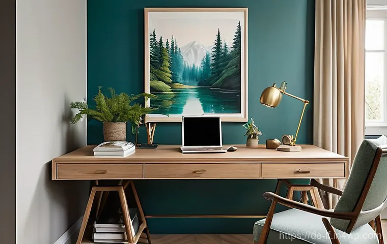 홈 오피스 색상 선택 시 고려 사항 - **Prompt: The Creative Energy Home Office**
    "A vibrant and inspiring home office space, radiatin...