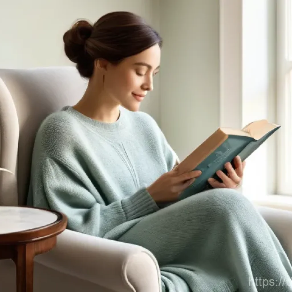 감정과 색상의 관계를 이해하는 방법 - "Serene Reading Nook"**
    A peaceful woman, in her late 30s, is comfortably seated in a plush, lig...