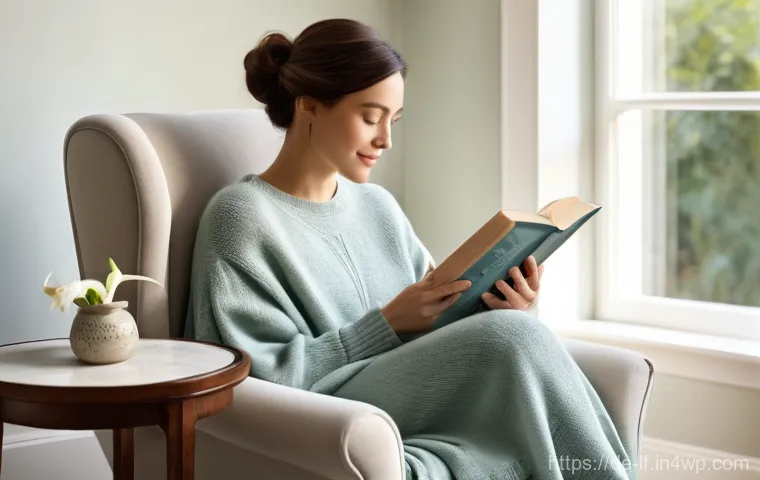 감정과 색상의 관계를 이해하는 방법 - "Serene Reading Nook"**
    A peaceful woman, in her late 30s, is comfortably seated in a plush, lig...