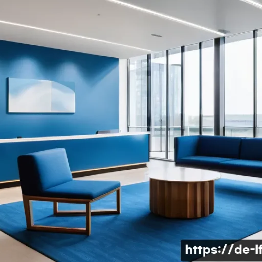 효과적인 색상 선택으로 브랜드 이미지 강화 - A modern corporate office lobby featuring a sleek monochrome blue color palette, emphasizing trust a...