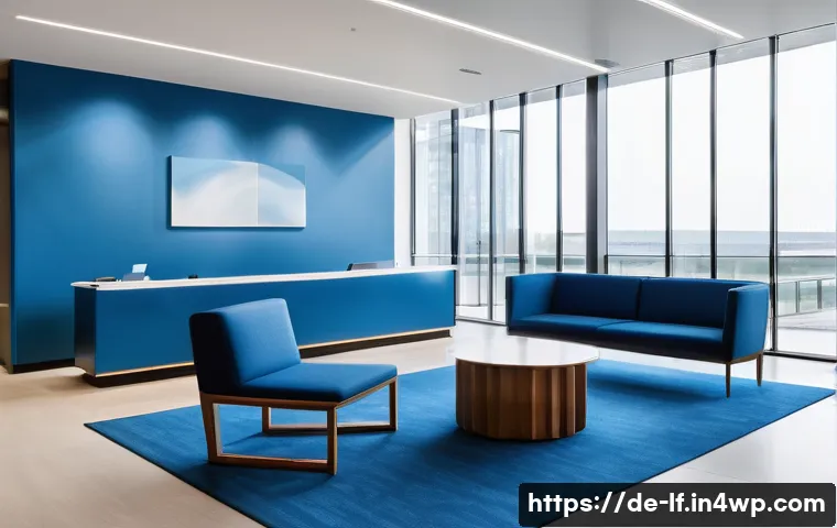 효과적인 색상 선택으로 브랜드 이미지 강화 - A modern corporate office lobby featuring a sleek monochrome blue color palette, emphasizing trust a...
