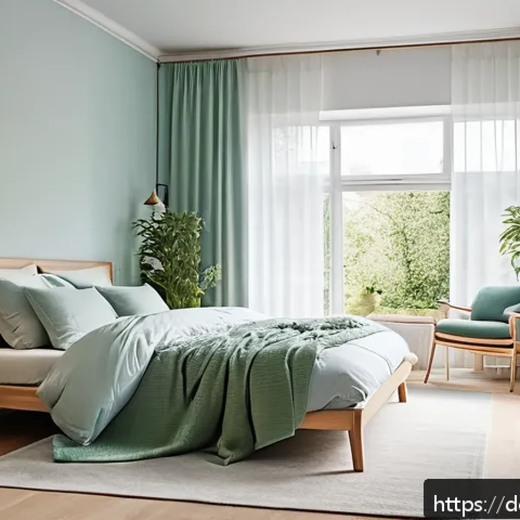 색채심리학을 통한 공간의 정체성 표현 - A serene bedroom interior bathed in soft pastel blue and gentle green hues, featuring minimalist Sca...