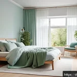 Home 16 색채심리학을 통한 공간의 정체성 표현 - A serene bedroom interior bathed in soft pastel blue and gentle green hues, featuring minimalist Sca...
