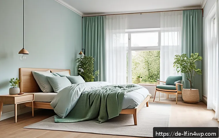 색채심리학을 통한 공간의 정체성 표현 - A serene bedroom interior bathed in soft pastel blue and gentle green hues, featuring minimalist Sca...