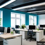 Home 21 감정에 따른 색상 적용 사례 - A modern German office interior bathed in soft natural light, featuring walls painted in calming sha...