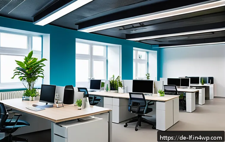 감정에 따른 색상 적용 사례 - A modern German office interior bathed in soft natural light, featuring walls painted in calming sha...