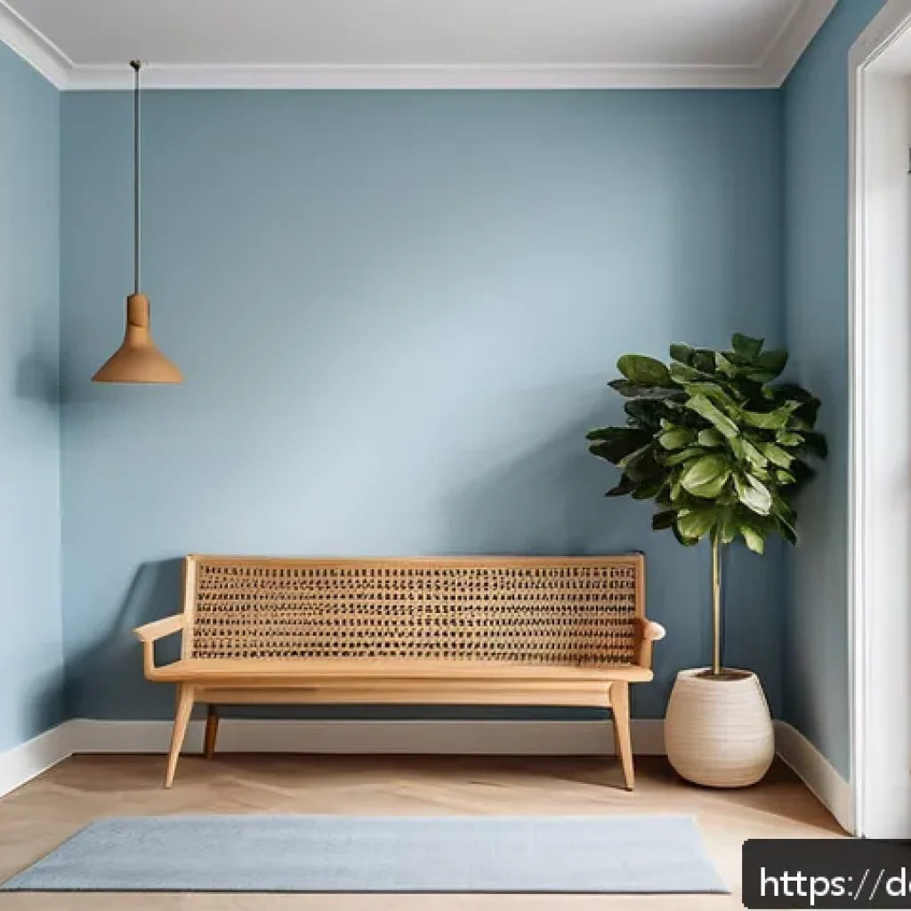 공간 활용도와 색상 배치의 관계 - A cozy small hallway interior painted in soft pastel blue tones, featuring walls, ceiling, and floor...
