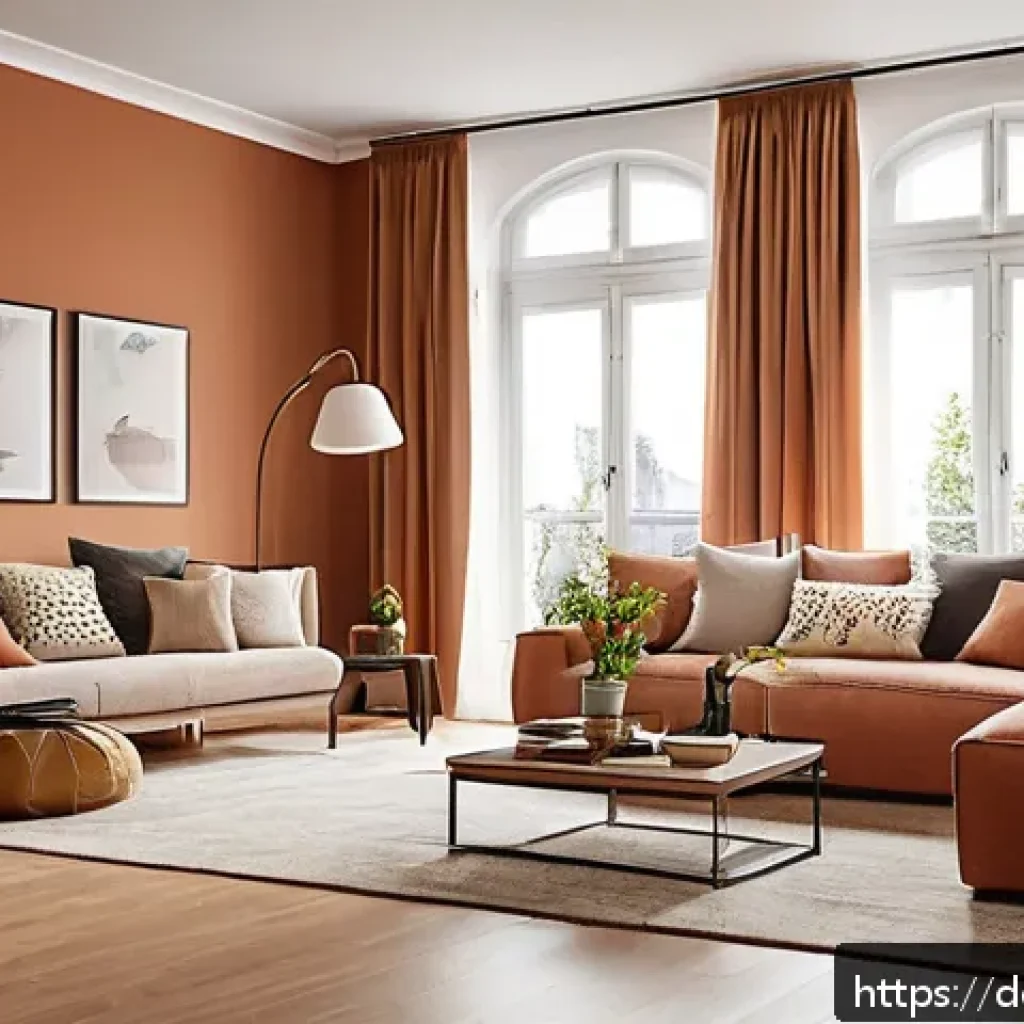 색상 전략으로 공간 이용 효율 높이기 - A modern living room interior featuring a warm beige and terracotta color scheme that balances cozin...