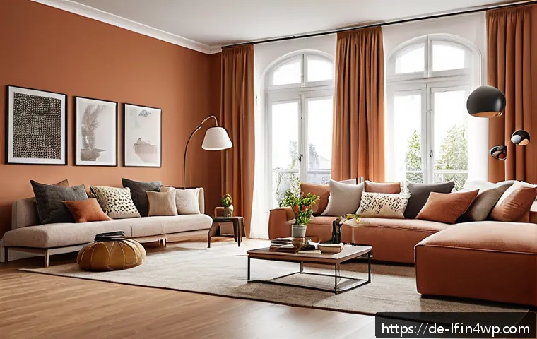 색상 전략으로 공간 이용 효율 높이기 - A modern living room interior featuring a warm beige and terracotta color scheme that balances cozin...