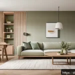 Home 19 실내 조명과 색상 조화의 원칙 - A cozy modern living room bathed in warm white light (2700-3000K), featuring beige and sage green wa...