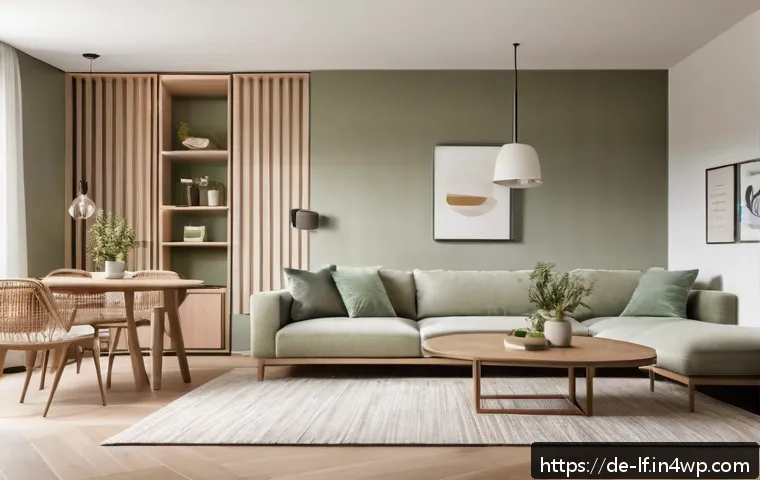 실내 조명과 색상 조화의 원칙 - A cozy modern living room bathed in warm white light (2700-3000K), featuring beige and sage green wa...