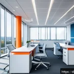 Home 18 색상에 따른 사용자 경험 개선 전략 - A modern financial office interior designed with a calming blue color palette, featuring sleek white...