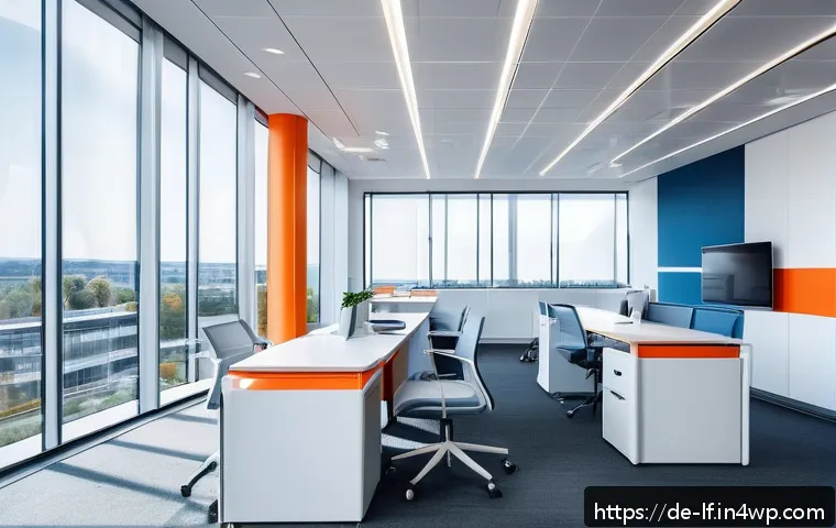 색상에 따른 사용자 경험 개선 전략 - A modern financial office interior designed with a calming blue color palette, featuring sleek white...