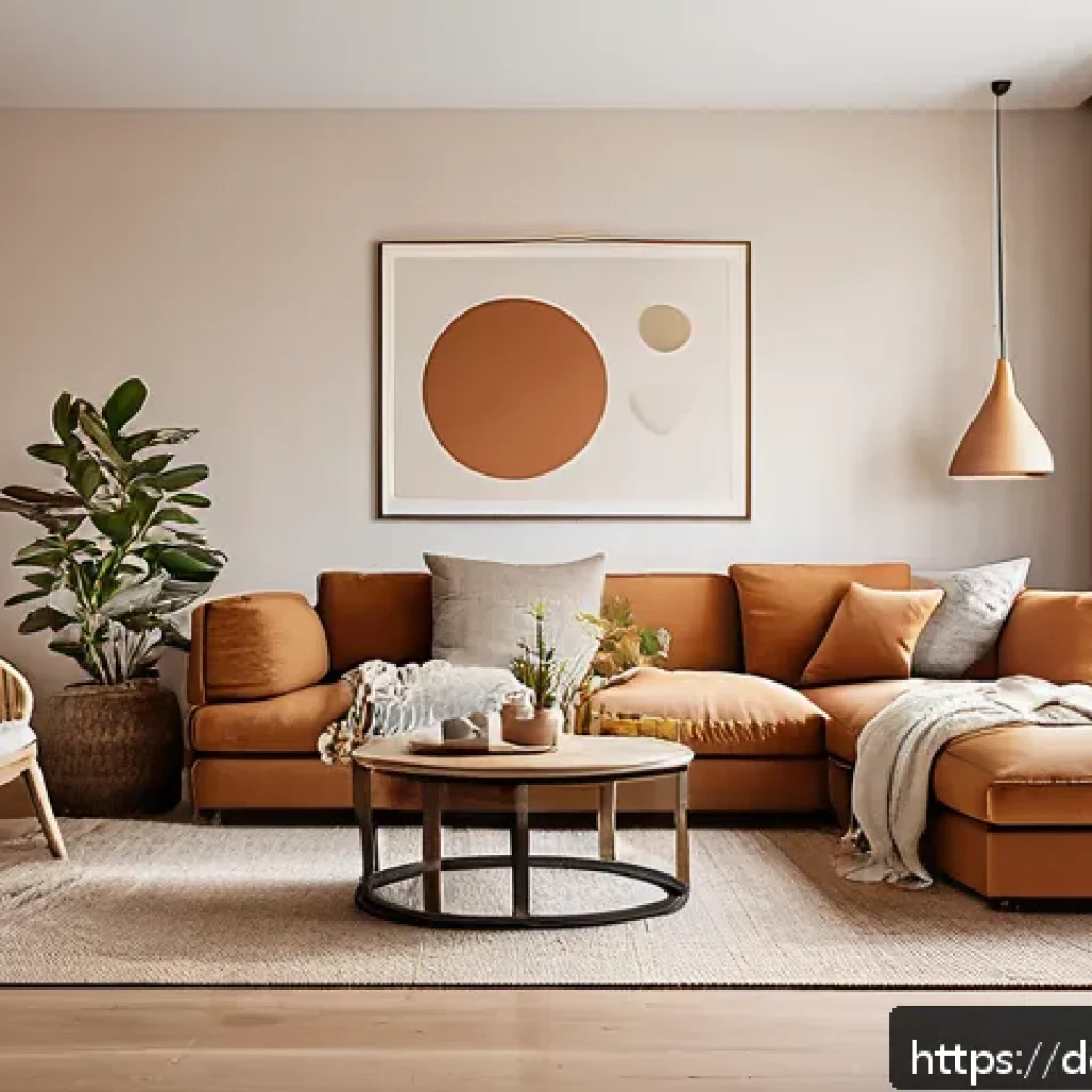 컬러 컨셉별 공간 디자인 사례 - A cozy modern living room interior featuring warm earth tones such as ochre, terracotta, and sand. T...