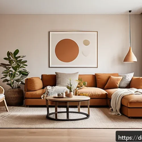 Home 17 컬러 컨셉별 공간 디자인 사례 - A cozy modern living room interior featuring warm earth tones such as ochre, terracotta, and sand. T...