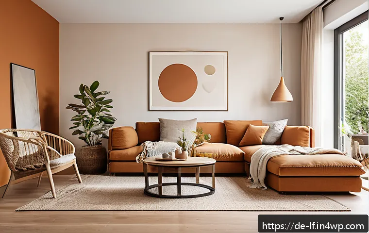 컬러 컨셉별 공간 디자인 사례 - A cozy modern living room interior featuring warm earth tones such as ochre, terracotta, and sand. T...