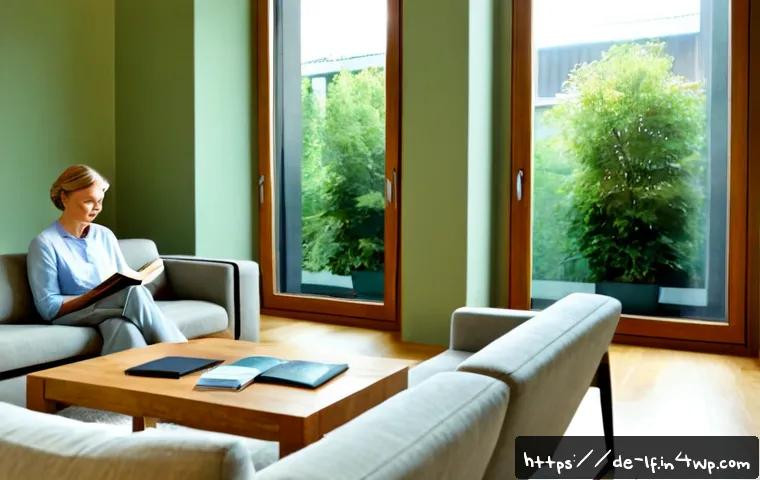 Home 17 색채의 심리적 효과를 활용한 공간 디자인 - Photorealistic modern German apartment living room demonstrating calming color psychology, soft sage...