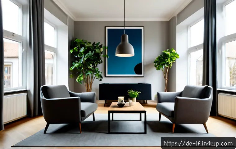 공간 디자인에서 시각적 균형 맞추기 - Photorealistic modern German apartment living room demonstrating visual balance, symmetrical arrange...