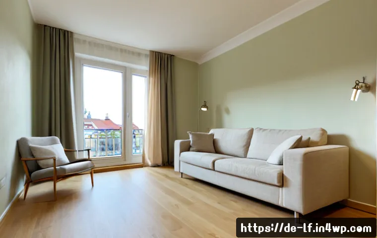 색상 변화로 공간 확장 효과 얻기 - Photorealistic wide-angle view of a compact modern German apartment living room, walls painted in a ...